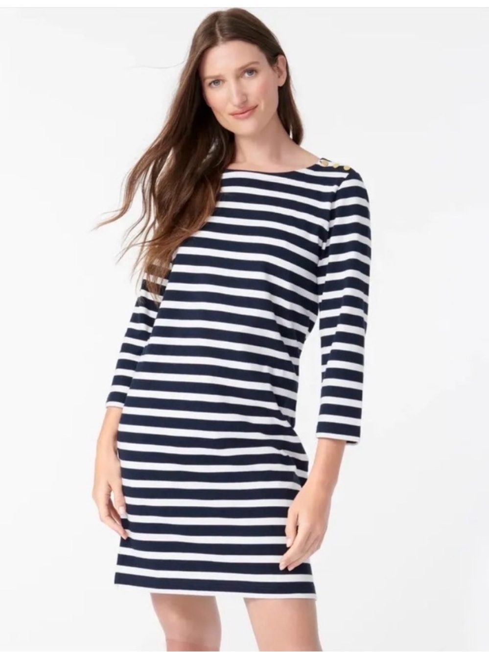 J. Crew Navy and White Striped Boatneck Shift  Dress with Gold Buttons Size S